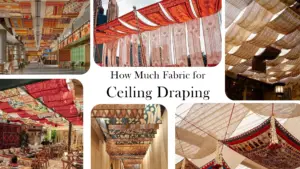 Luxury wedding ceiling draping with red fabric swags, chandeliers, and floral decorations in banquet halls and mandaps.