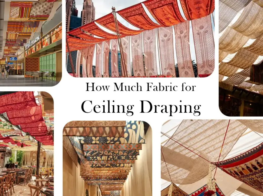 Luxury wedding ceiling draping with red fabric swags, chandeliers, and floral decorations in banquet halls and mandaps.
