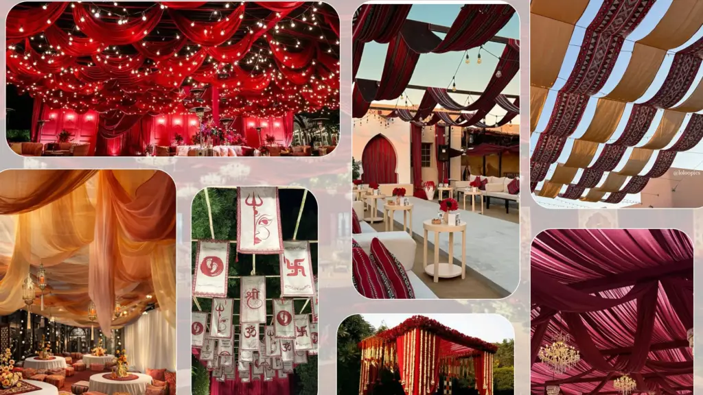 Different ceiling draping styles for weddings and events featuring red fabric canopies, pleated drapes, and decorative lighting