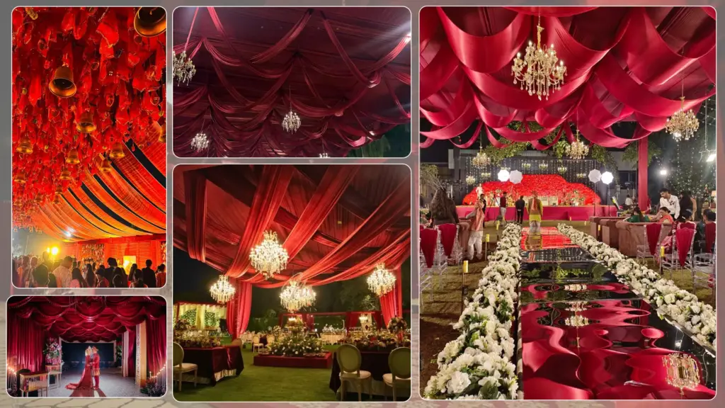 Printed fabric ceiling draping ideas for wedding venues, outdoor pandal tents and event spaces with colourful textile canopies.